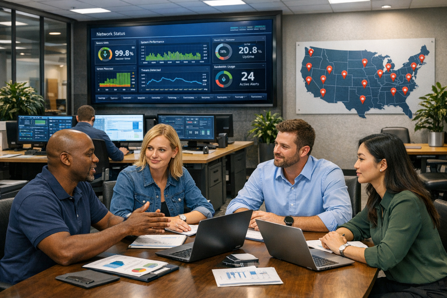 Franchise leaders discussing secure location opening